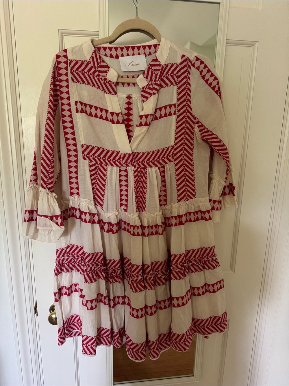 Kasia Ivory and Red Embroidered Tiered Boho Dress